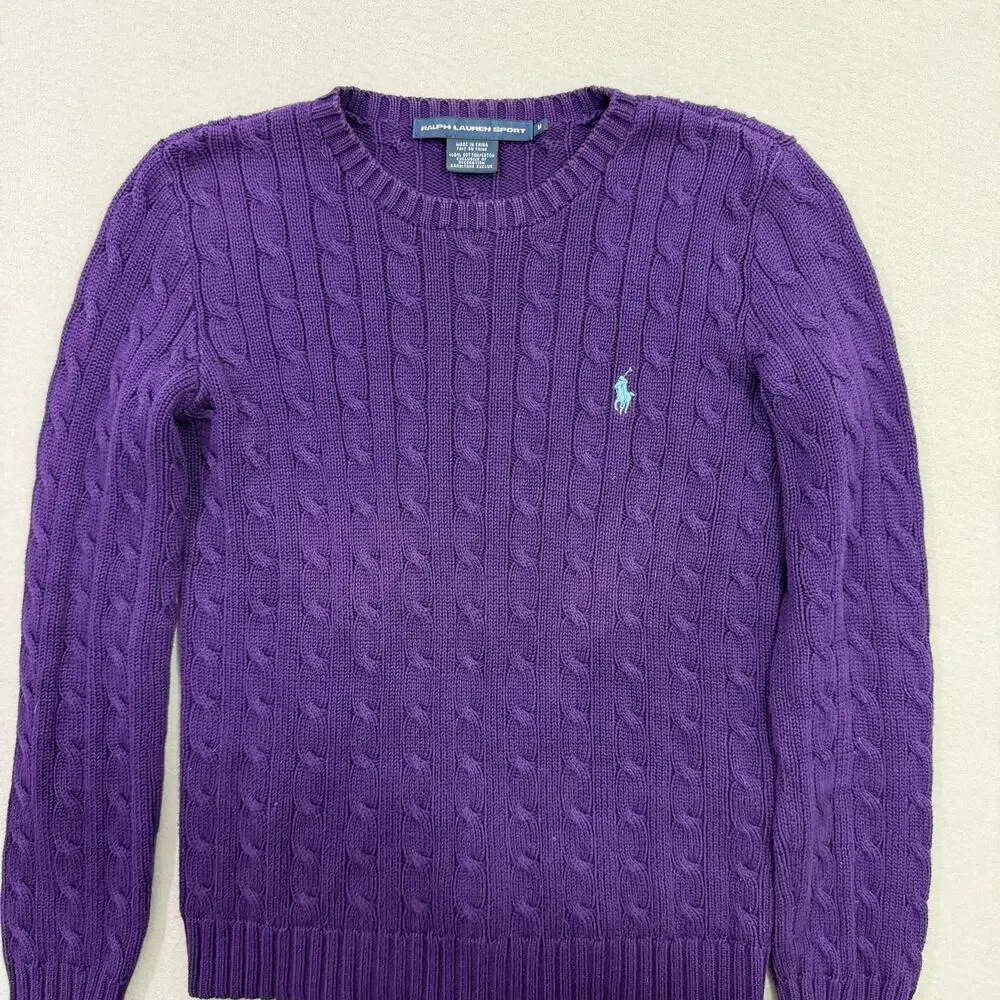 Vintage Ralph Lauren Sport Cable Knit Sweater Women's Medium Purple Crewneck - Picture 3 of 8